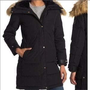 NINE WEST black faux fur trim hooded quilted parka coat